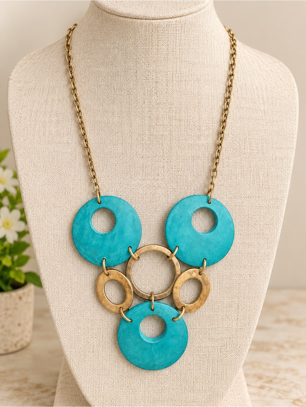 Turquoise Blue Geometric Statement Necklace Gold Tone Circle Boho Long Necklace